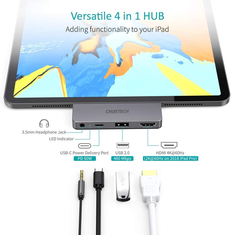 Choetech USB Type C 4in1 Hub 4K 60HZ HDMI PD 60W Audio For iPad Pro photo
