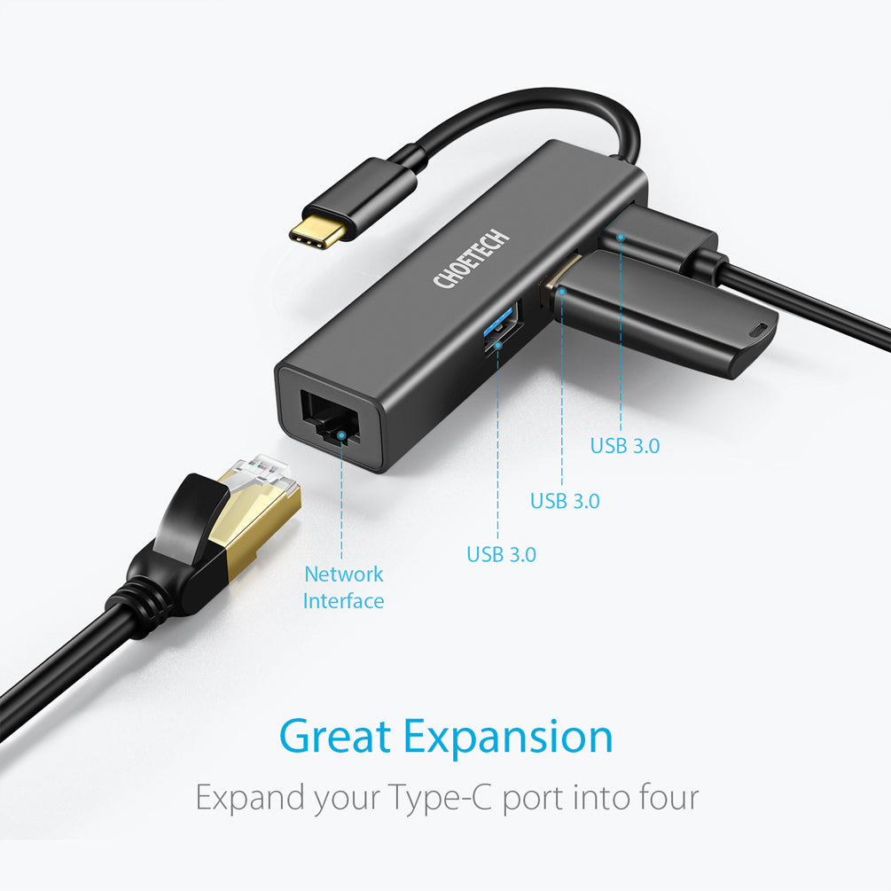 Choetech USB C To Ethernet Hub w 3 Ports USB 3.0 photo