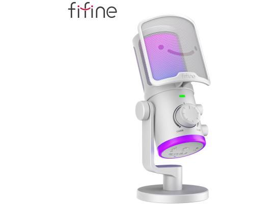 Fifine Ampligame AM6W Condenser Mic With Game/chat Mix, Noise Suppression, Monitoring, I/o Level & Rgb Controls (White) photo 