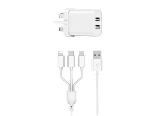WIWU ELECTROPRIME compatible for WIWU Wi-U003 Quick Series Dual USB Charger with 3 in 1 USB Charging Data Cable Set, UK Plug(White) photo 